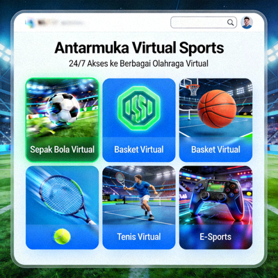 Antarmuka virtual sports dengan berbagai pilihan olahraga virtual yang tersedia 24/7